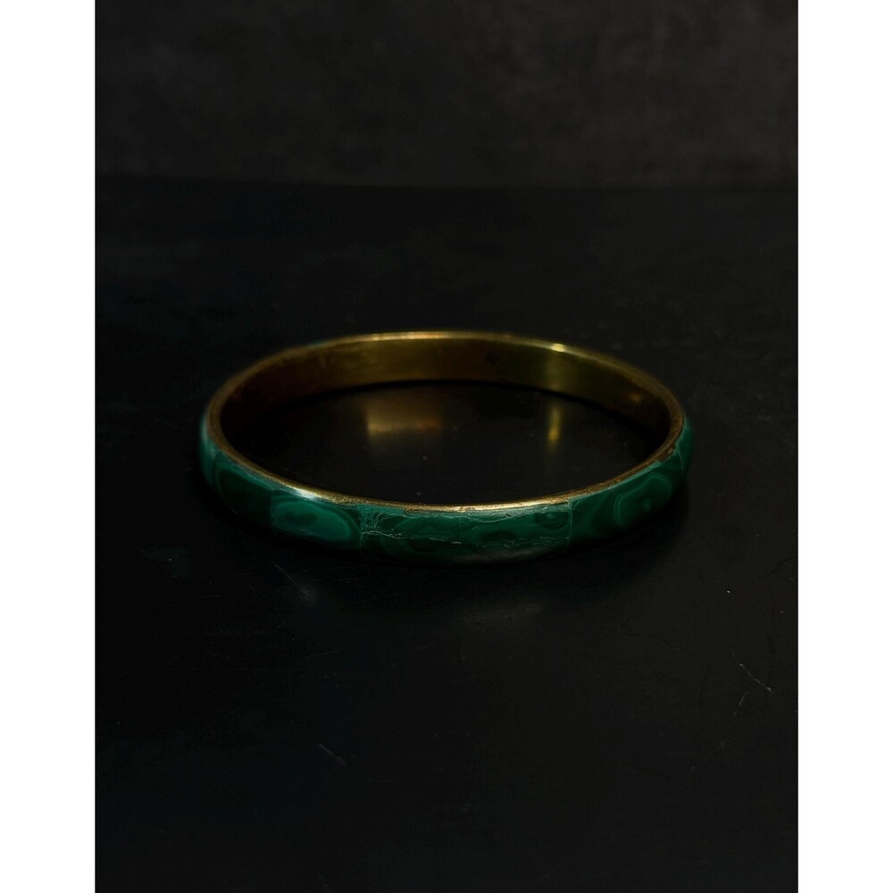 Malachite & Brass Bangle Bracelet Green Stone Inlay Size 7